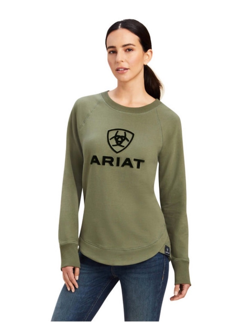 Ariat Taupe Crewneck with Green Logo Accent